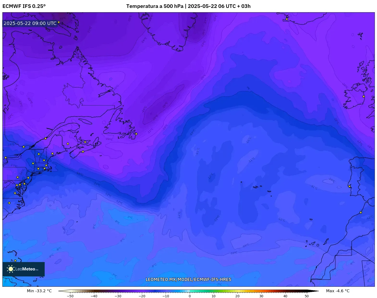 ECMWF IFS 0.25° model - Norte Atlántico, Temperatura a 500 hPa ECMWF IFS 0.25° model - Norte Atlántico, Temperatura a 500 hPa