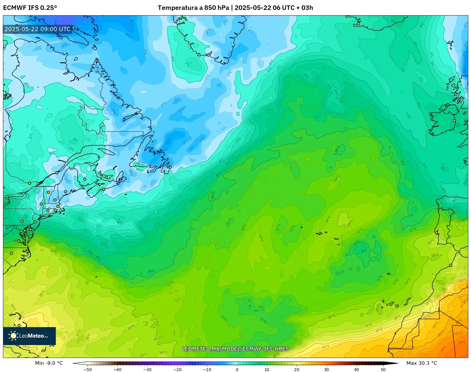 ECMWF IFS 0.25° model - Norte Atlántico, Temperatura a 850 hPa ECMWF IFS 0.25° model - Norte Atlántico, Temperatura a 850 hPa
