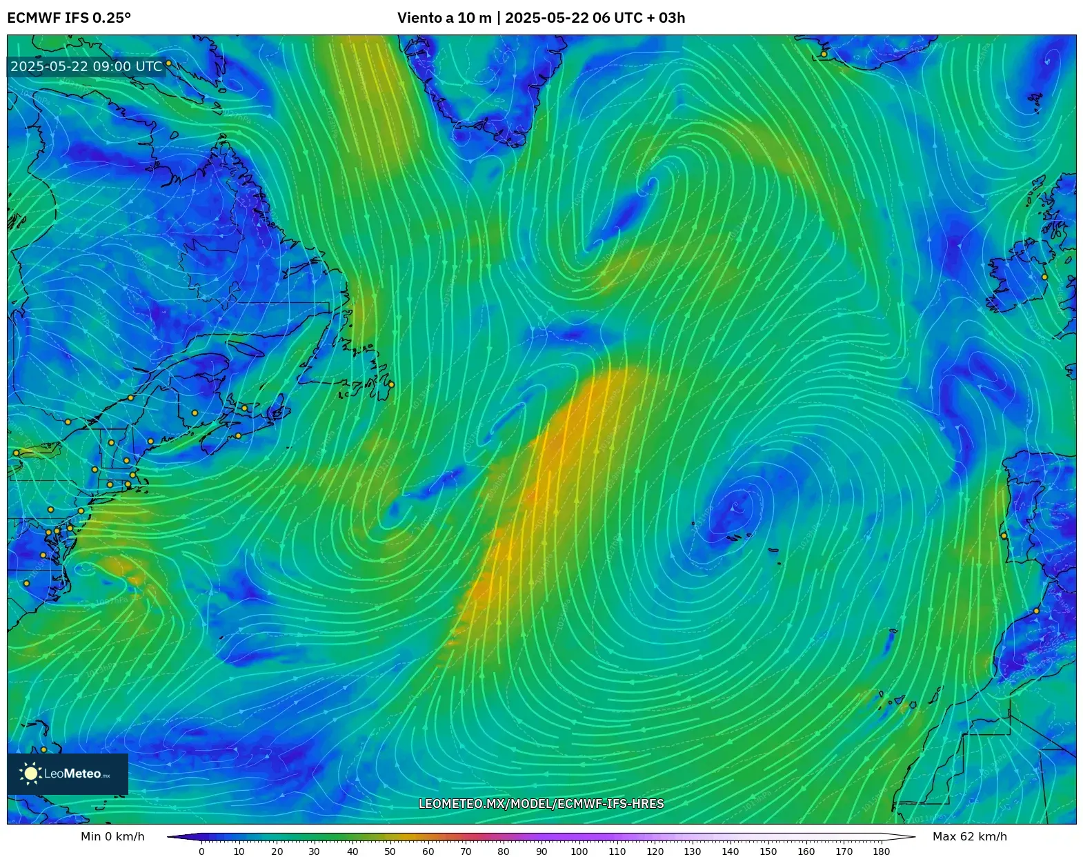 ECMWF IFS 0.25° model - Norte Atlántico, Viento a 10 m ECMWF IFS 0.25° model - Norte Atlántico, Viento a 10 m