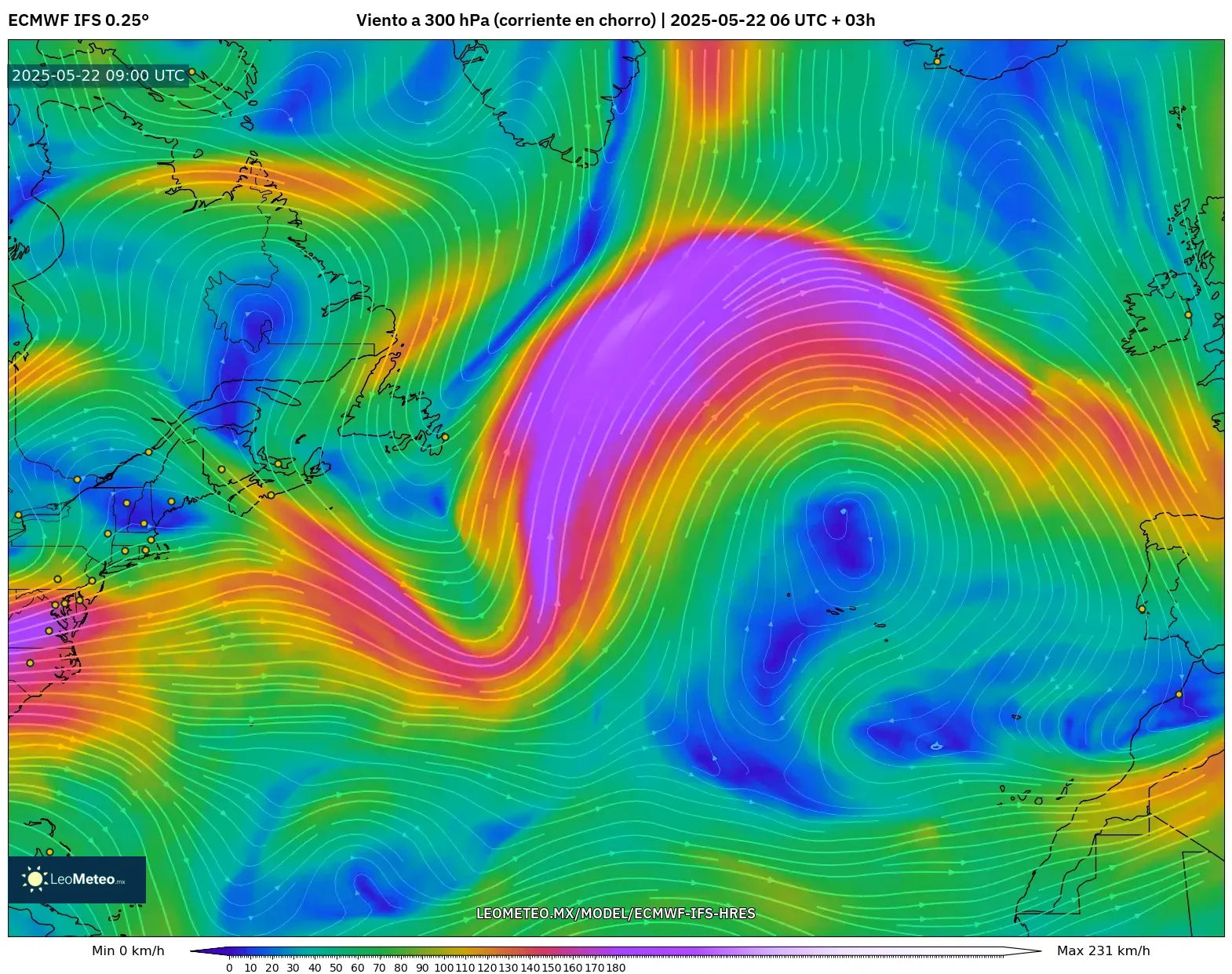 ECMWF IFS 0.25° model - Norte Atlántico, Viento a 300 hPa (corriente en chorro) ECMWF IFS 0.25° model - Norte Atlántico, Viento a 300 hPa (corriente en chorro)