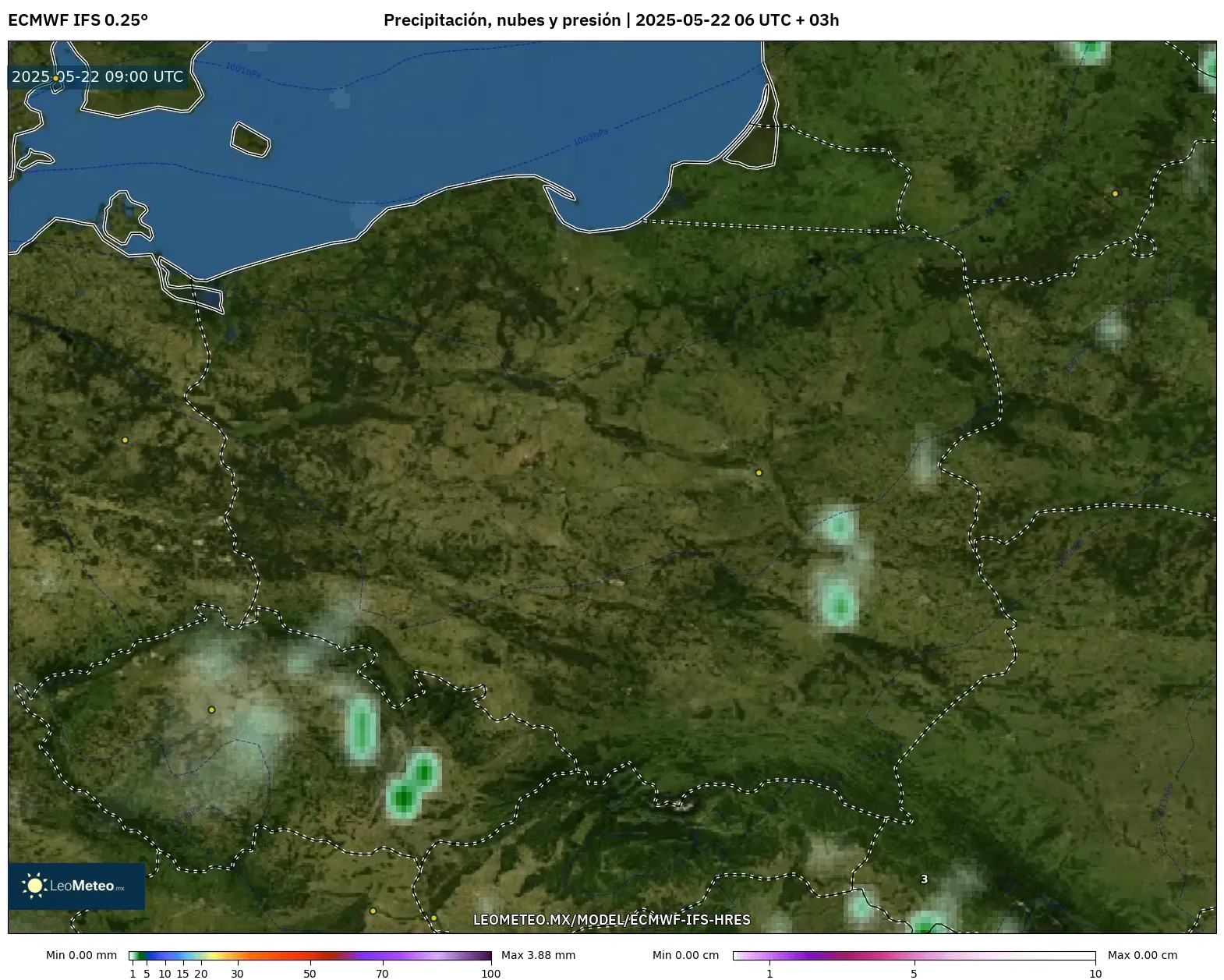ECMWF IFS 0.25° model - Polonia, Precipitación, nubes y presión ECMWF IFS 0.25° model - Polonia, Precipitación, nubes y presión