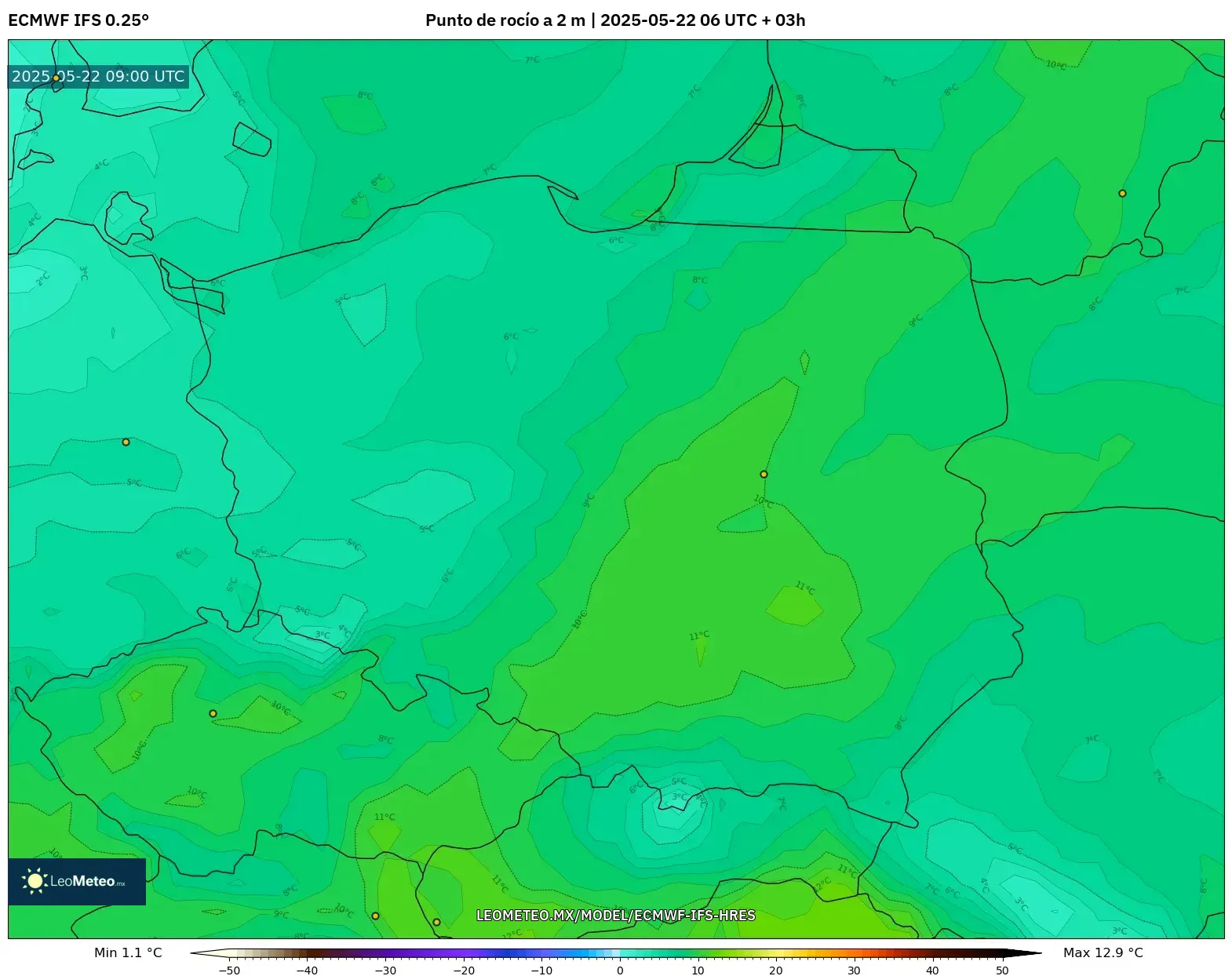 ECMWF IFS 0.25° model - Polonia, Punto de rocío a 2 m ECMWF IFS 0.25° model - Polonia, Punto de rocío a 2 m