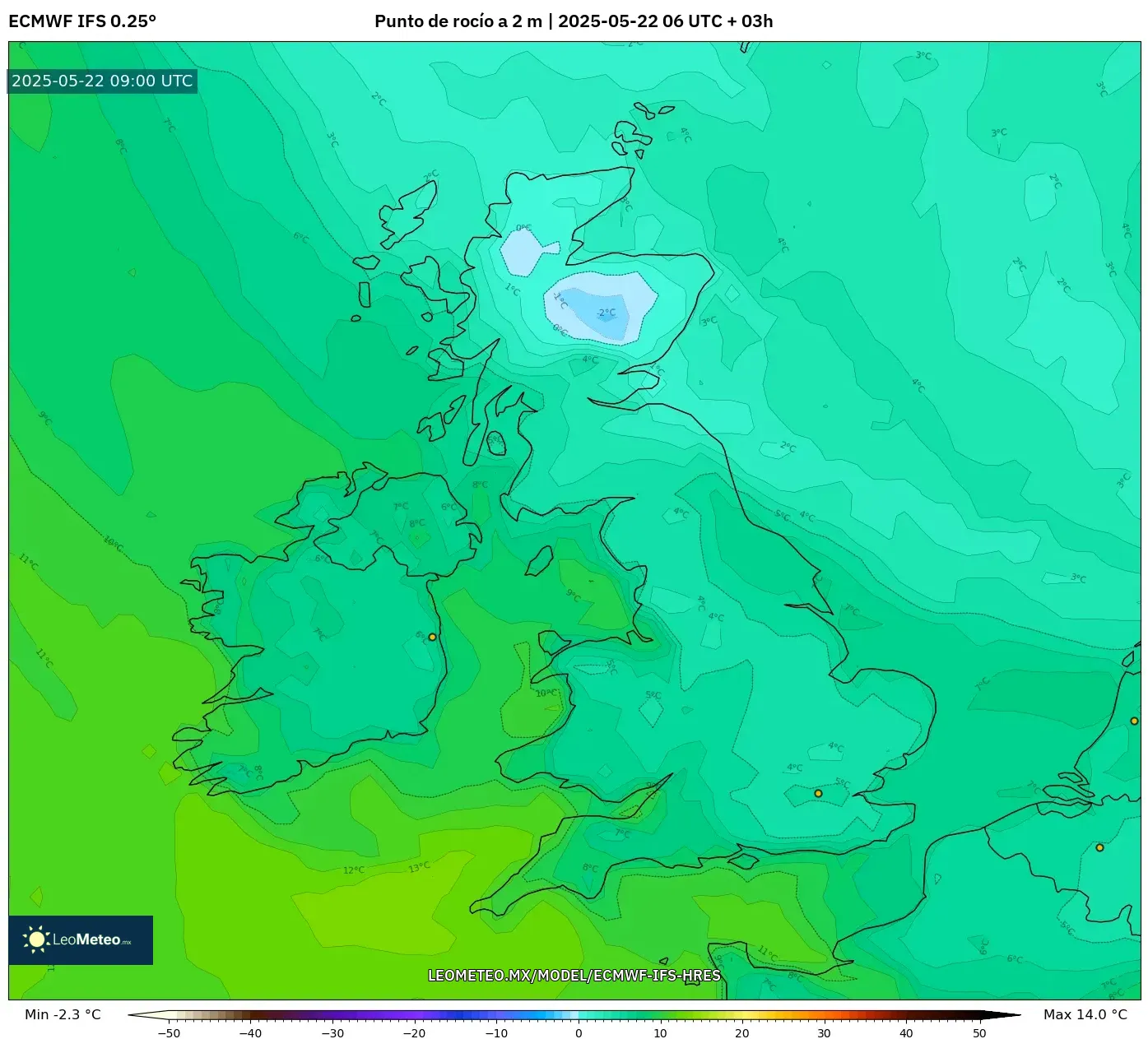 ECMWF IFS 0.25° model - Reino Unido, Punto de rocío a 2 m ECMWF IFS 0.25° model - Reino Unido, Punto de rocío a 2 m