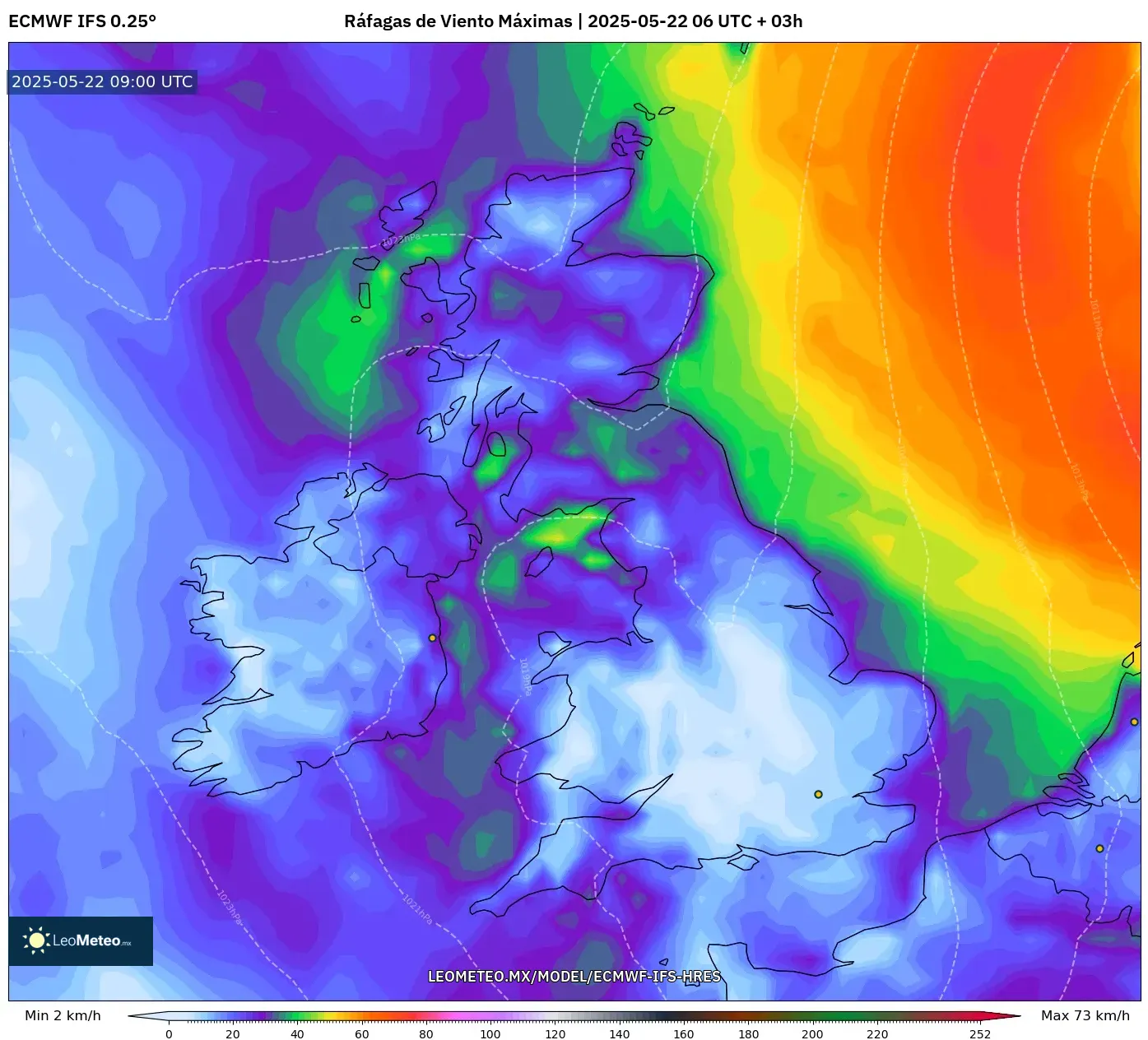 ECMWF IFS 0.25° model - Reino Unido, Ráfagas de Viento Máximas ECMWF IFS 0.25° model - Reino Unido, Ráfagas de Viento Máximas