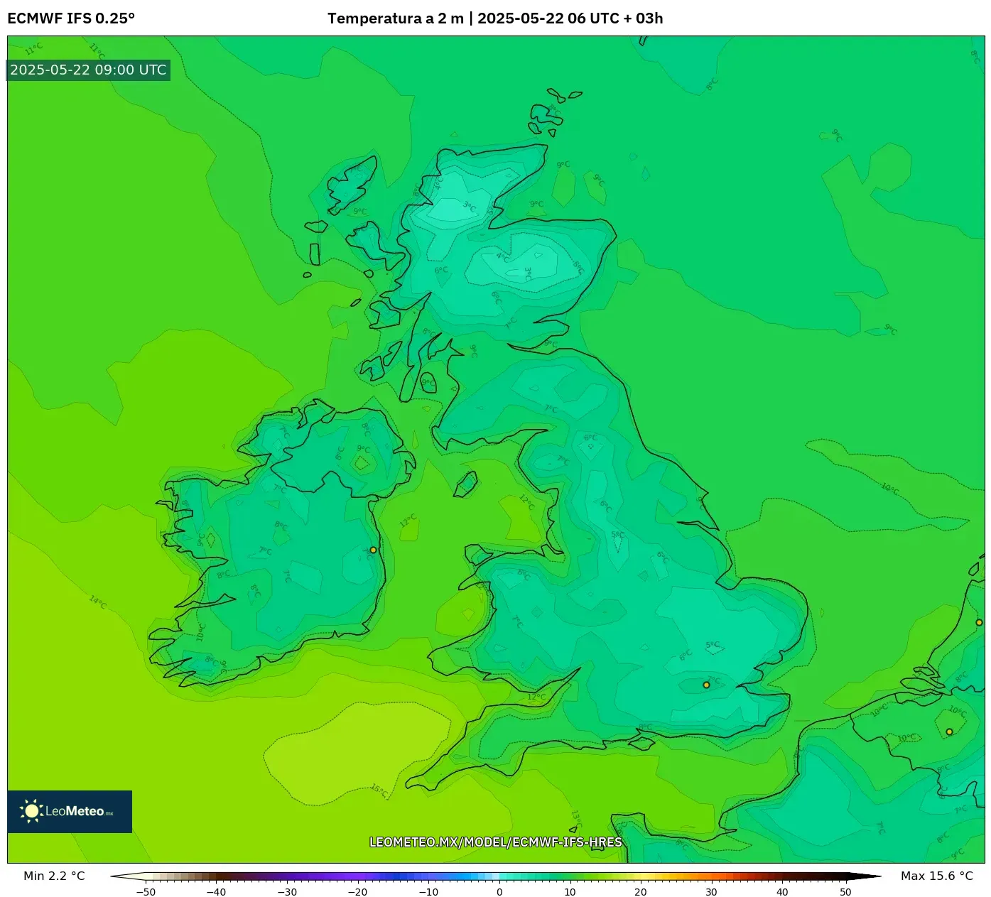 ECMWF IFS 0.25° model - Reino Unido, Temperatura a 2 m