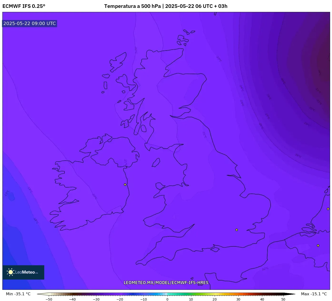 ECMWF IFS 0.25° model - Reino Unido, Temperatura a 500 hPa ECMWF IFS 0.25° model - Reino Unido, Temperatura a 500 hPa