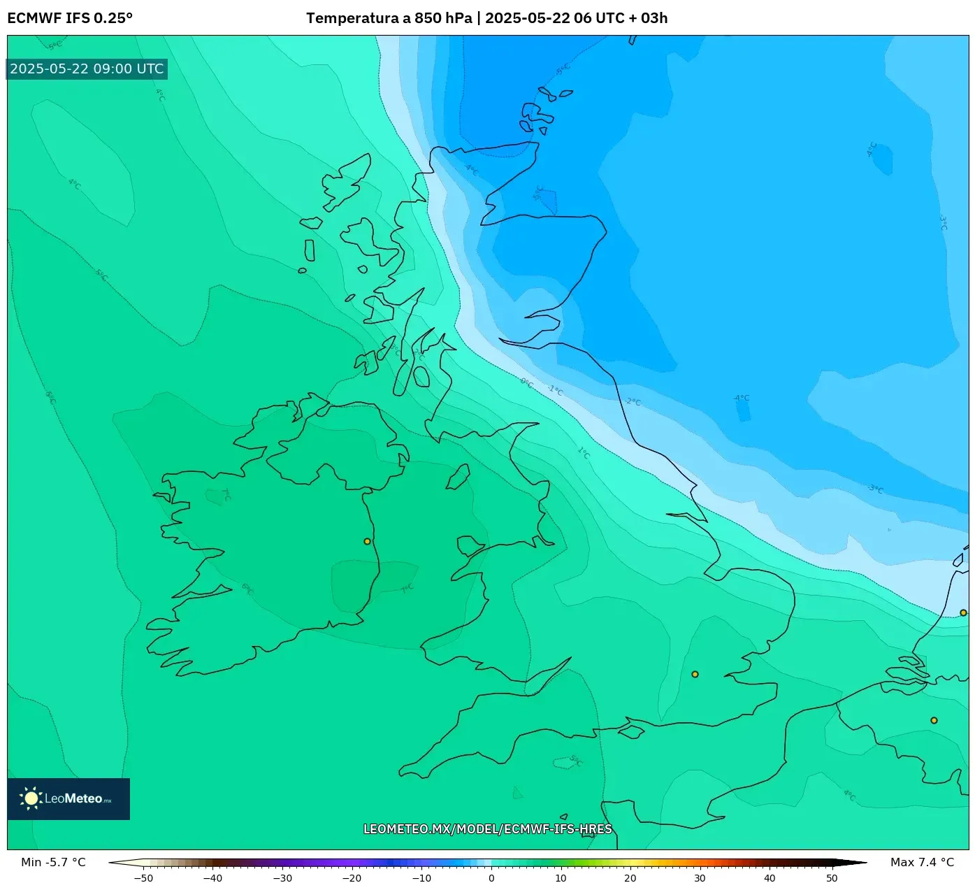 ECMWF IFS 0.25° model - Reino Unido, Temperatura a 850 hPa ECMWF IFS 0.25° model - Reino Unido, Temperatura a 850 hPa