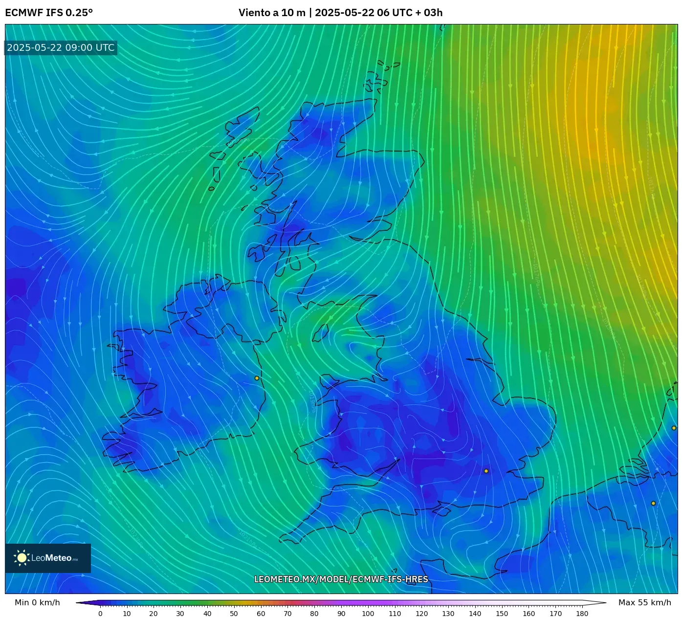 ECMWF IFS 0.25° model - Reino Unido, Viento a 10 m ECMWF IFS 0.25° model - Reino Unido, Viento a 10 m