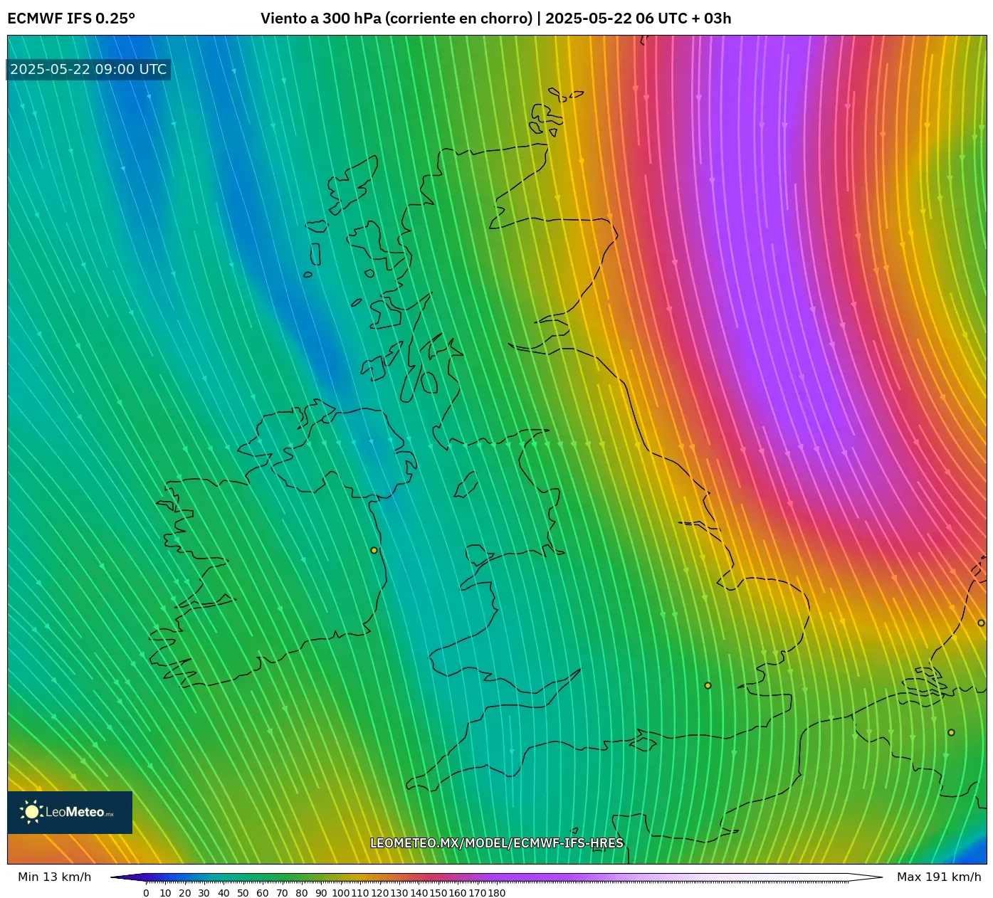 ECMWF IFS 0.25° model - Reino Unido, Viento a 300 hPa (corriente en chorro) ECMWF IFS 0.25° model - Reino Unido, Viento a 300 hPa (corriente en chorro)