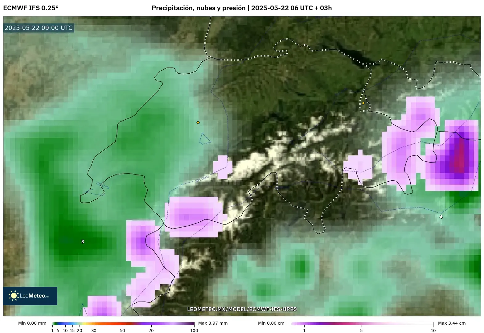 ECMWF IFS 0.25° model - Suiza, Precipitación, nubes y presión ECMWF IFS 0.25° model - Suiza, Precipitación, nubes y presión