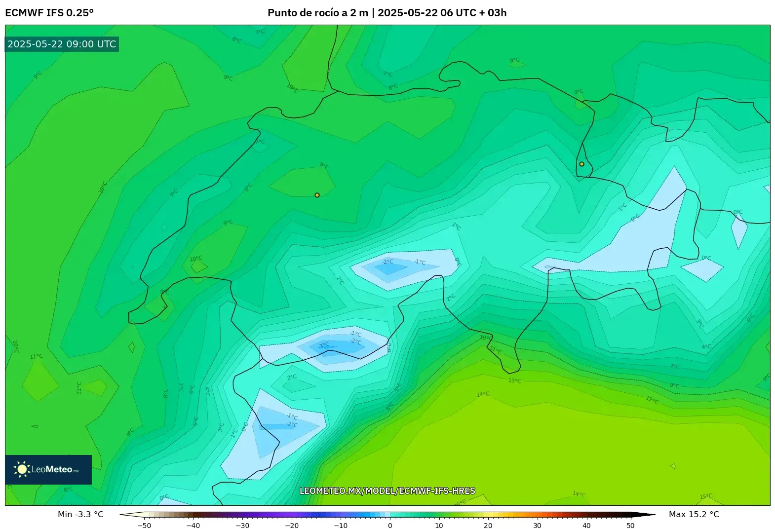 ECMWF IFS 0.25° model - Suiza, Punto de rocío a 2 m ECMWF IFS 0.25° model - Suiza, Punto de rocío a 2 m