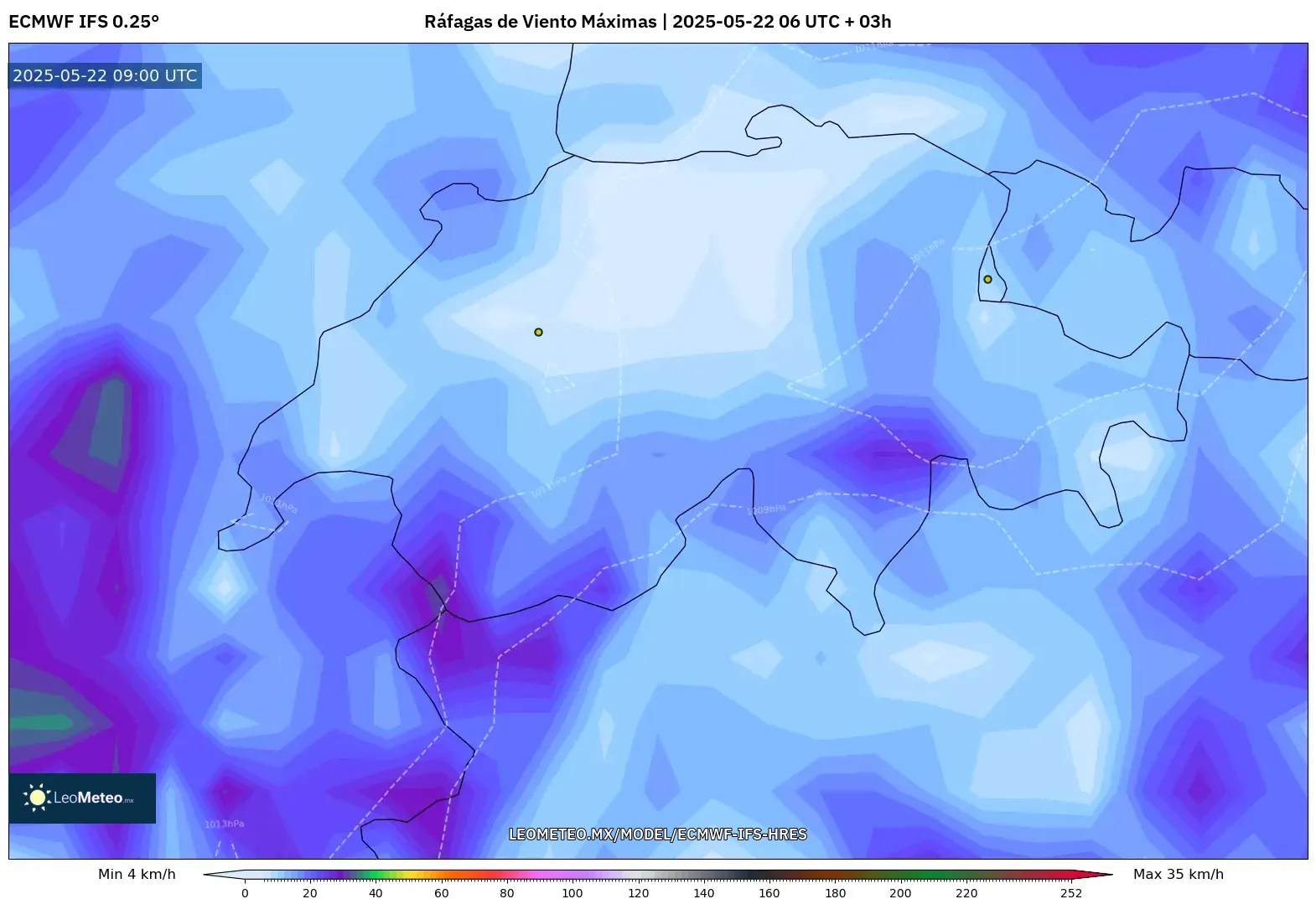ECMWF IFS 0.25° model - Suiza, Ráfagas de Viento Máximas ECMWF IFS 0.25° model - Suiza, Ráfagas de Viento Máximas