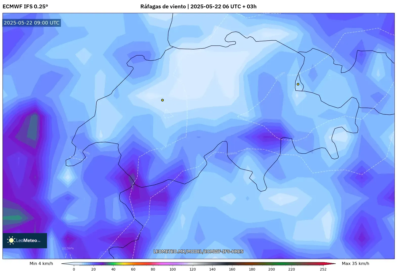 ECMWF IFS 0.25° model - Suiza, Ráfagas de viento ECMWF IFS 0.25° model - Suiza, Ráfagas de viento