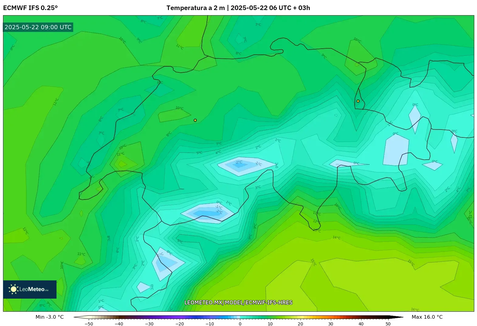 ECMWF IFS 0.25° model - Suiza, Temperatura a 2 m ECMWF IFS 0.25° model - Suiza, Temperatura a 2 m