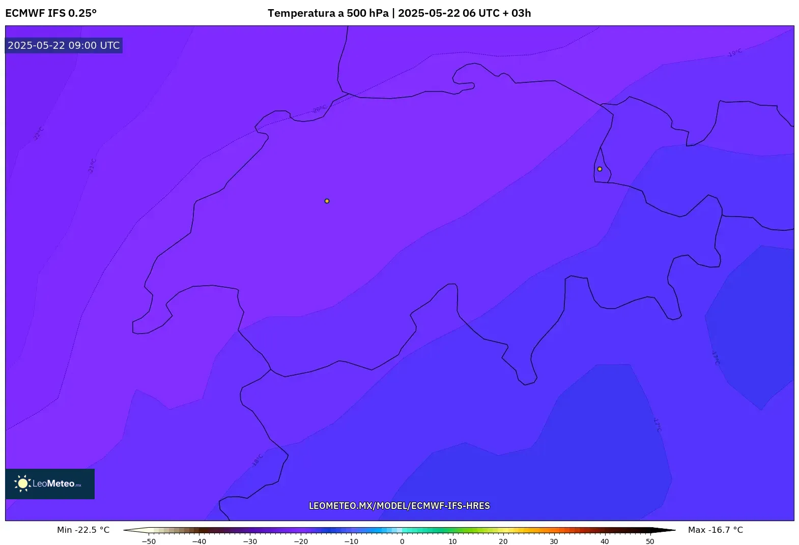 ECMWF IFS 0.25° model - Suiza, Temperatura a 500 hPa ECMWF IFS 0.25° model - Suiza, Temperatura a 500 hPa