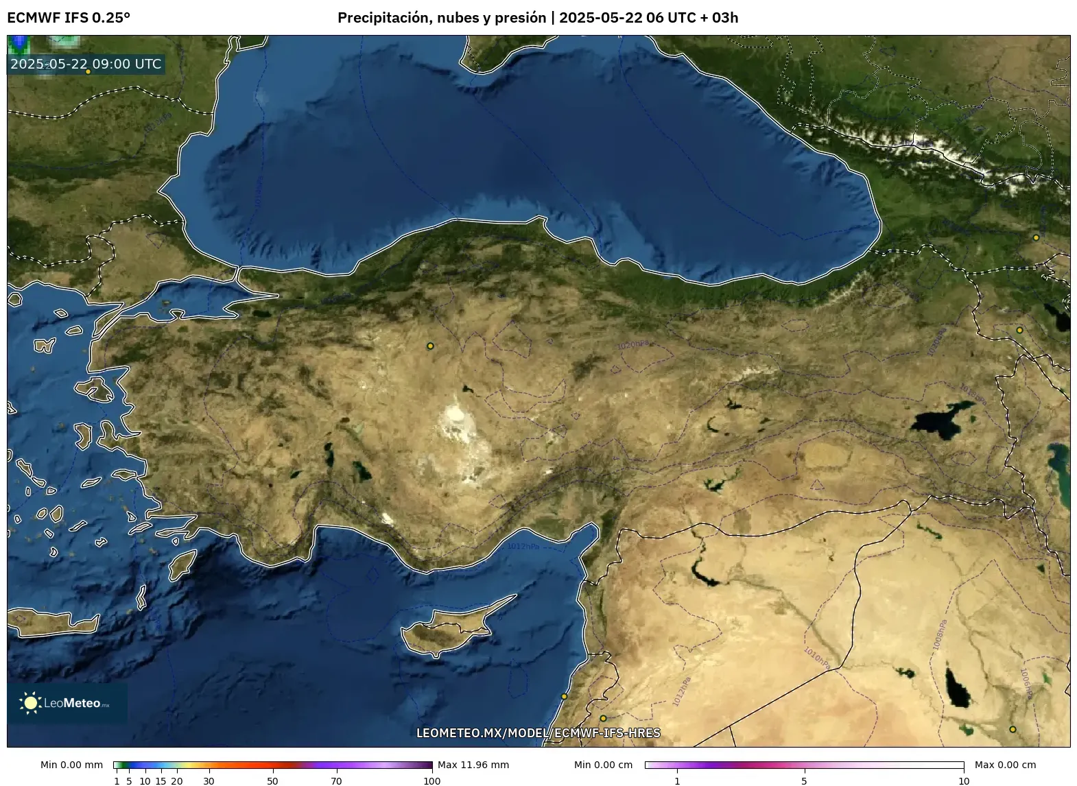 ECMWF IFS 0.25° model - Turquía, Precipitación, nubes y presión ECMWF IFS 0.25° model - Turquía, Precipitación, nubes y presión