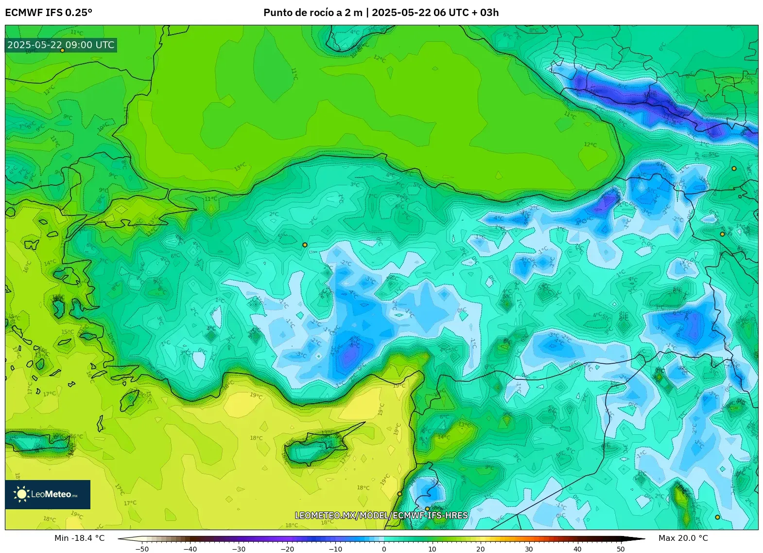 ECMWF IFS 0.25° model - Turquía, Punto de rocío a 2 m ECMWF IFS 0.25° model - Turquía, Punto de rocío a 2 m