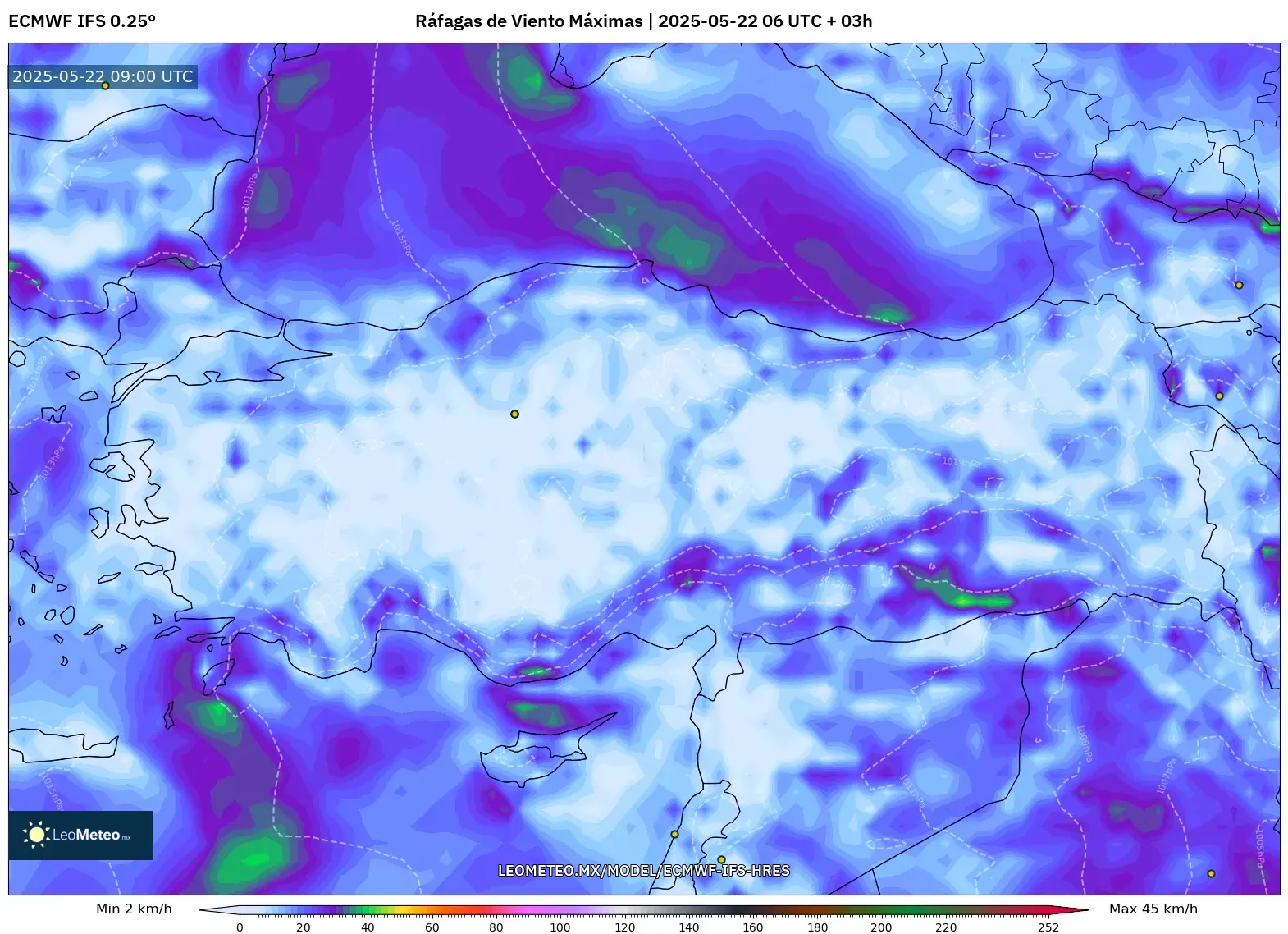 ECMWF IFS 0.25° model - Turquía, Ráfagas de Viento Máximas ECMWF IFS 0.25° model - Turquía, Ráfagas de Viento Máximas