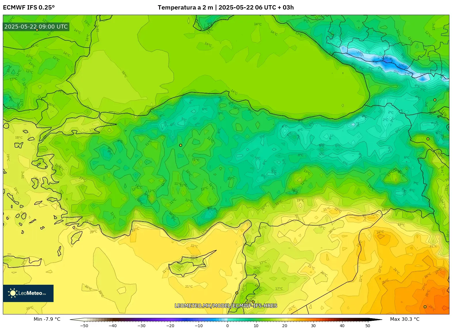 ECMWF IFS 0.25° model - Turquía, Temperatura a 2 m ECMWF IFS 0.25° model - Turquía, Temperatura a 2 m