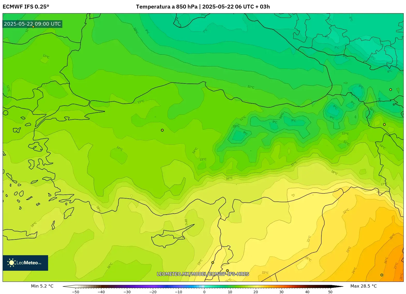 ECMWF IFS 0.25° model - Turquía, Temperatura a 850 hPa ECMWF IFS 0.25° model - Turquía, Temperatura a 850 hPa