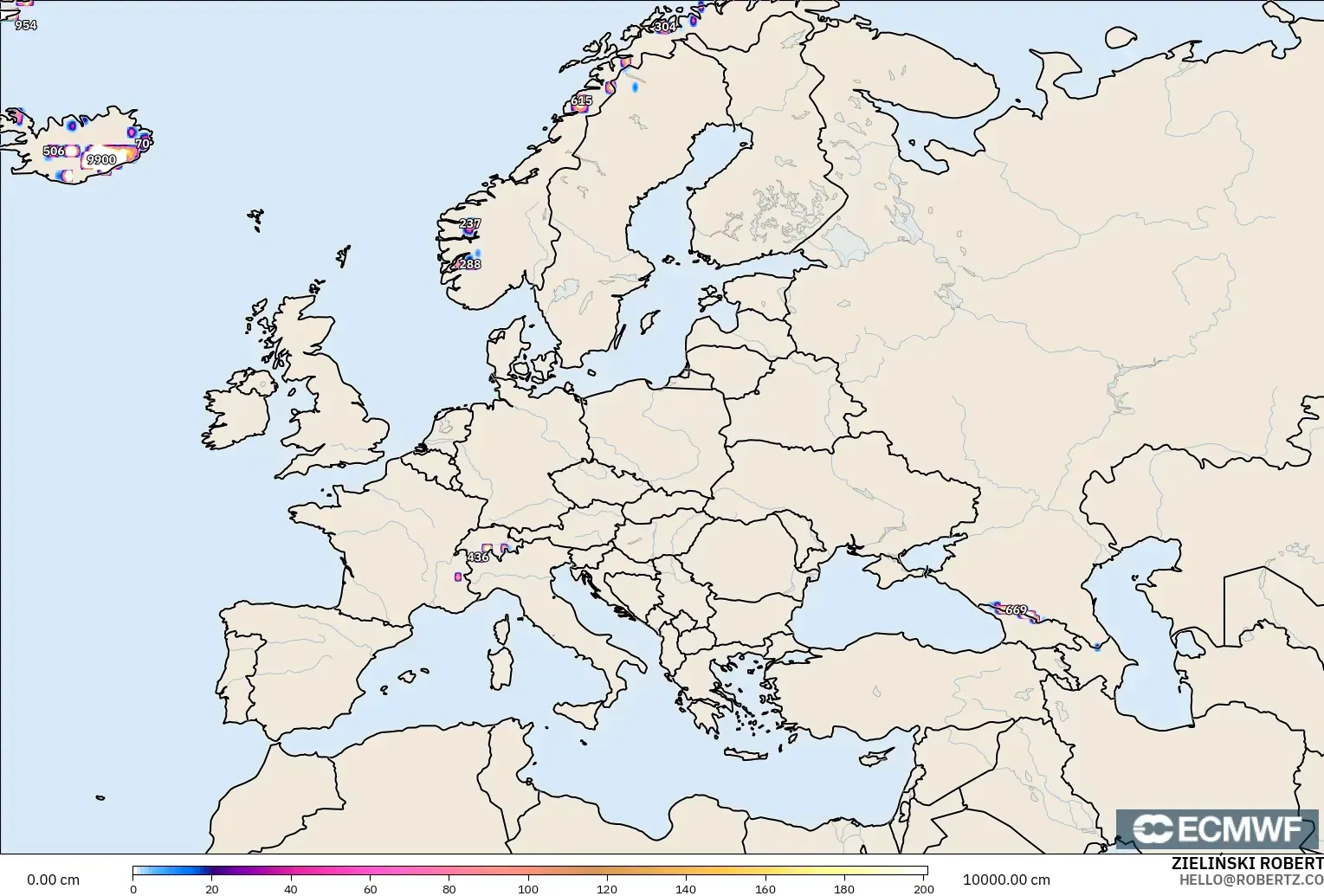 ECMWF IFS 0.25° modelo - Europa, Profundidad de nieve