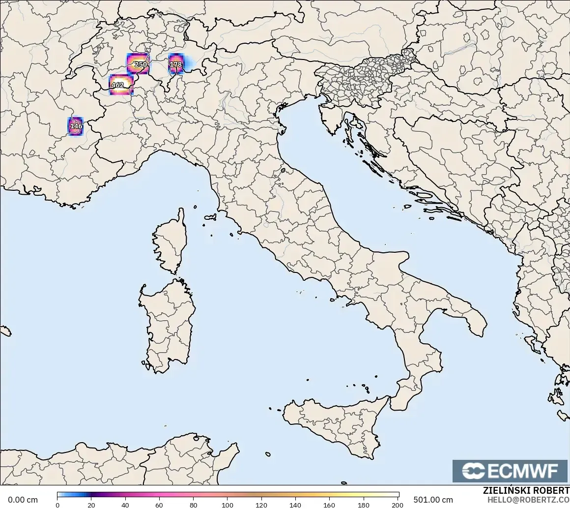 ECMWF IFS 0.25° modelo - Italia, Profundidad de nieve