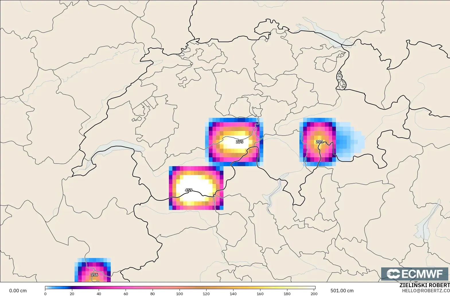 ECMWF IFS 0.25° modelo - Suiza, Profundidad de nieve