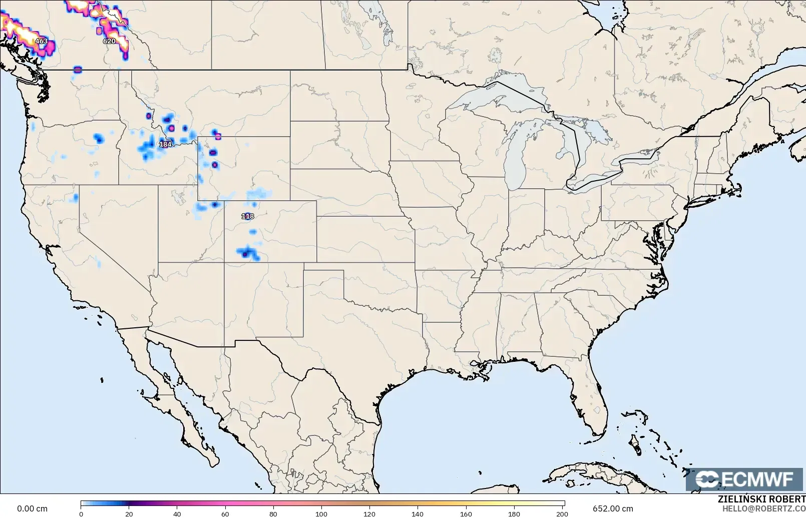 ECMWF IFS 0.25° modelo - Estados Unidos, Profundidad de nieve