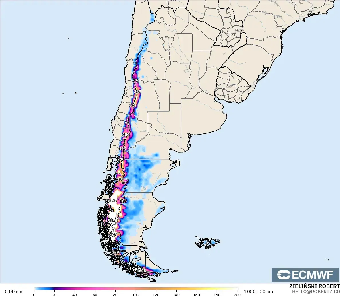 ECMWF IFS 0.25° modelo - Argentina, Profundidad de nieve