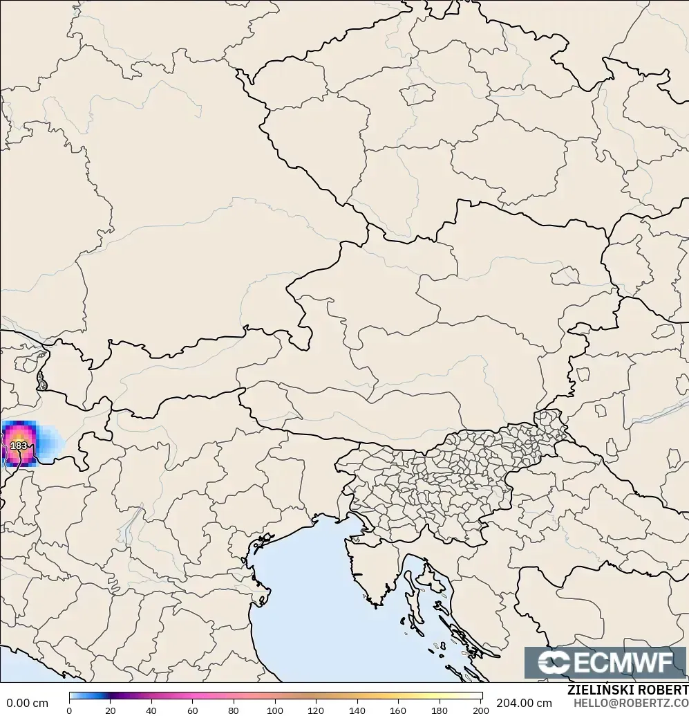 ECMWF IFS 0.25° modelo - Austria, Profundidad de nieve