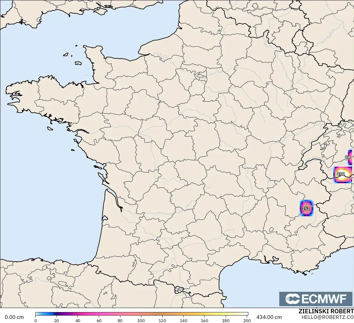 ECMWF IFS 0.25° modelo - Francia, Profundidad de nieve