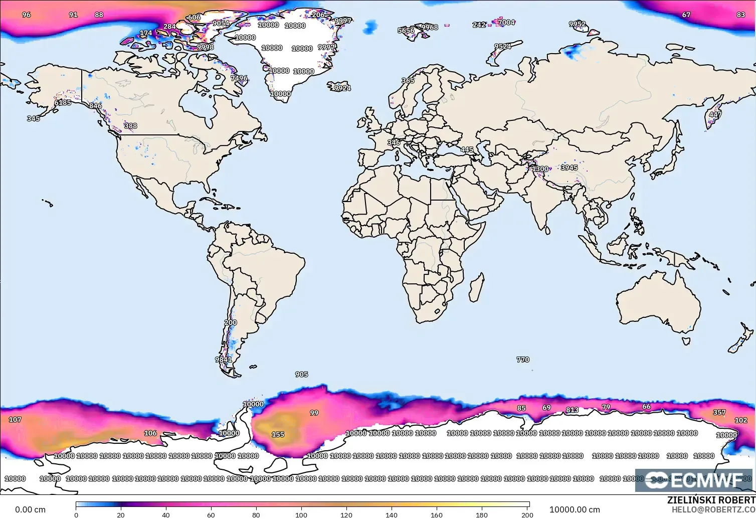 ECMWF IFS 0.25° modelo - Mundo, Profundidad de nieve