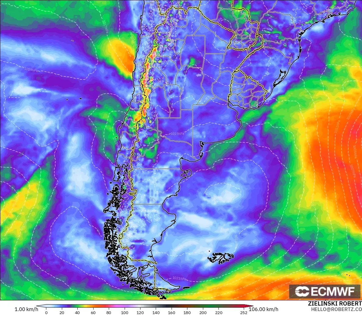 ECMWF IFS 0.25° modelo - Argentina, Ráfagas de Viento Máximas
