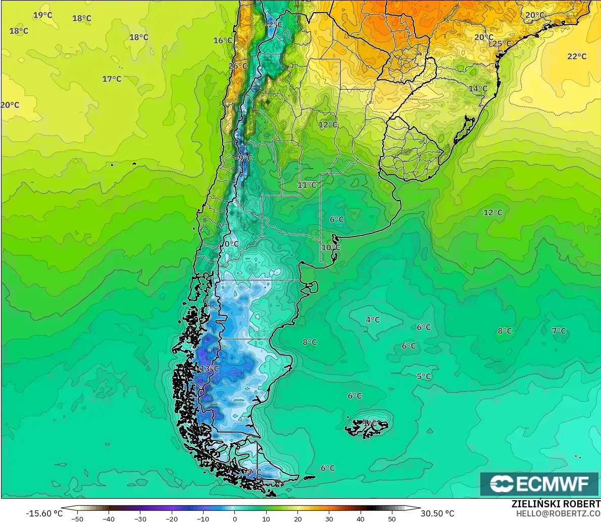 ECMWF IFS 0.25° modelo - Argentina, Temperatura a 2 m