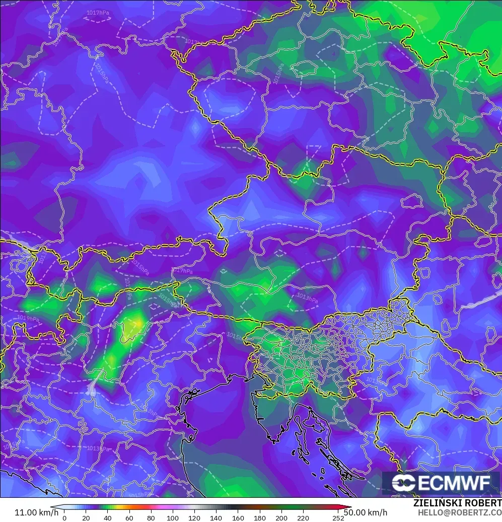ECMWF IFS 0.25° modelo - Austria, Ráfagas de viento