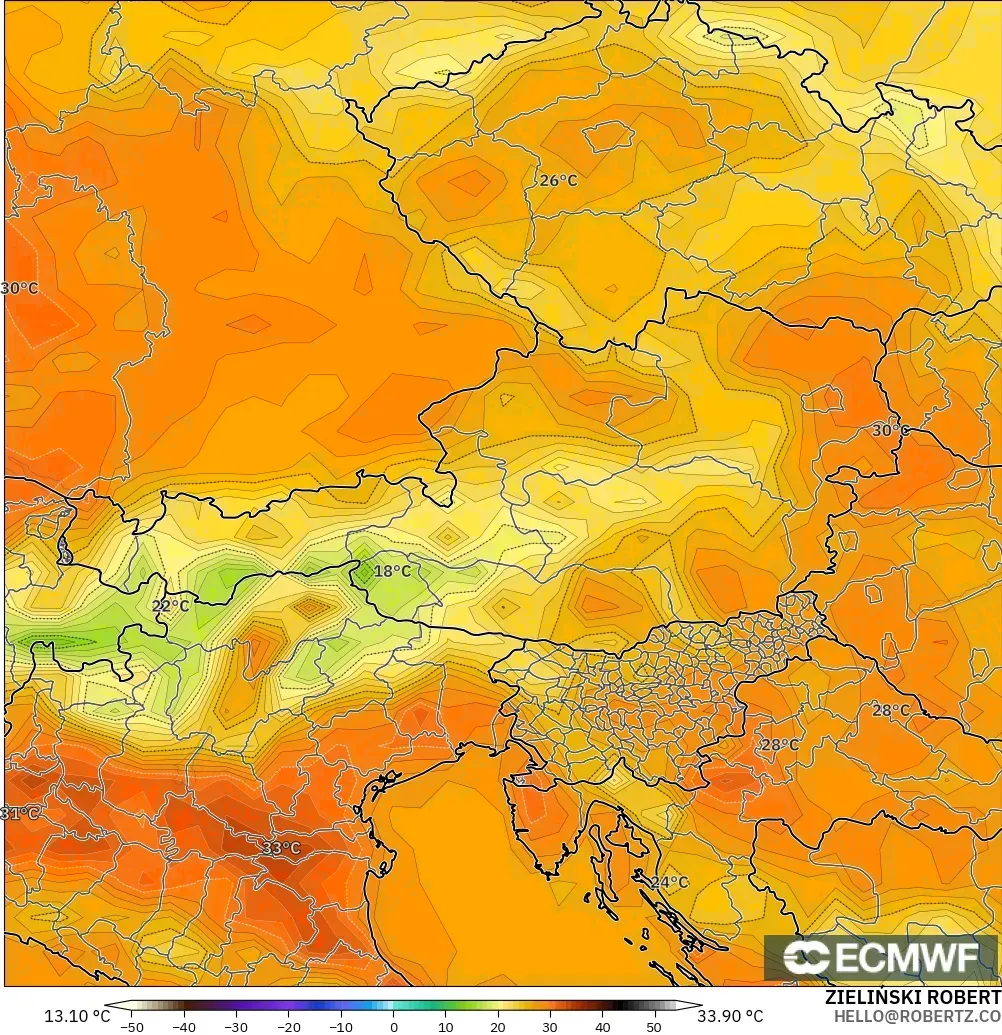 ECMWF IFS 0.25° modelo - Austria, Temperatura a 2 m