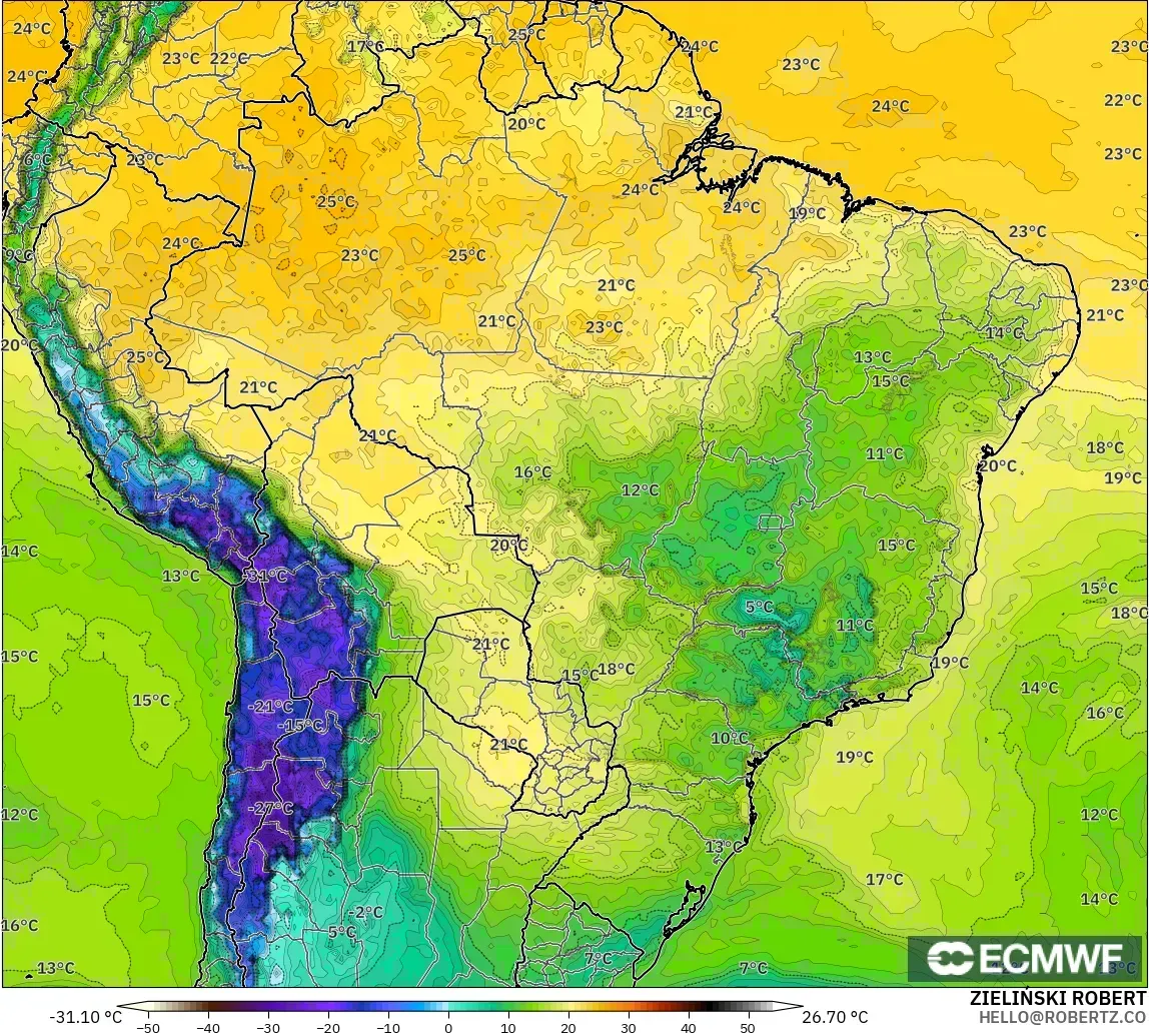 ECMWF IFS 0.25° modelo - Brasil, Punto de rocío a 2 m
