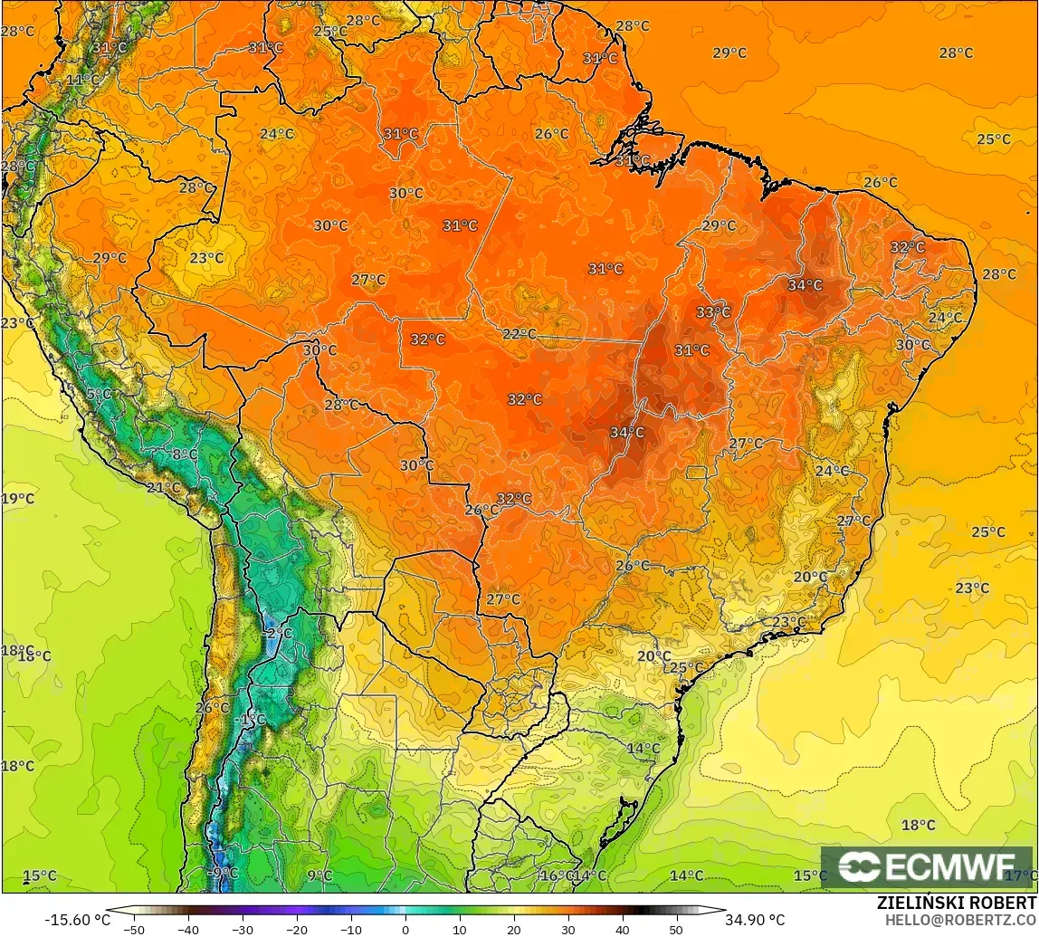 ECMWF IFS 0.25° modelo - Brasil, Temperatura a 2 m
