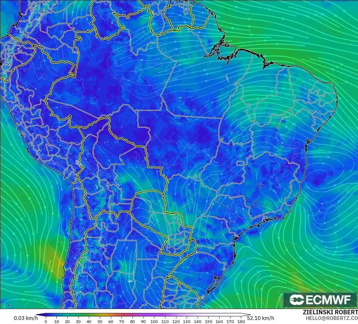 ECMWF IFS 0.25° modelo - Brasil, Viento a 10 m