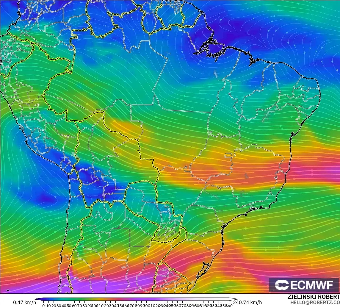 ECMWF IFS 0.25° modelo - Brasil, Viento a 300 hPa (corriente en chorro)