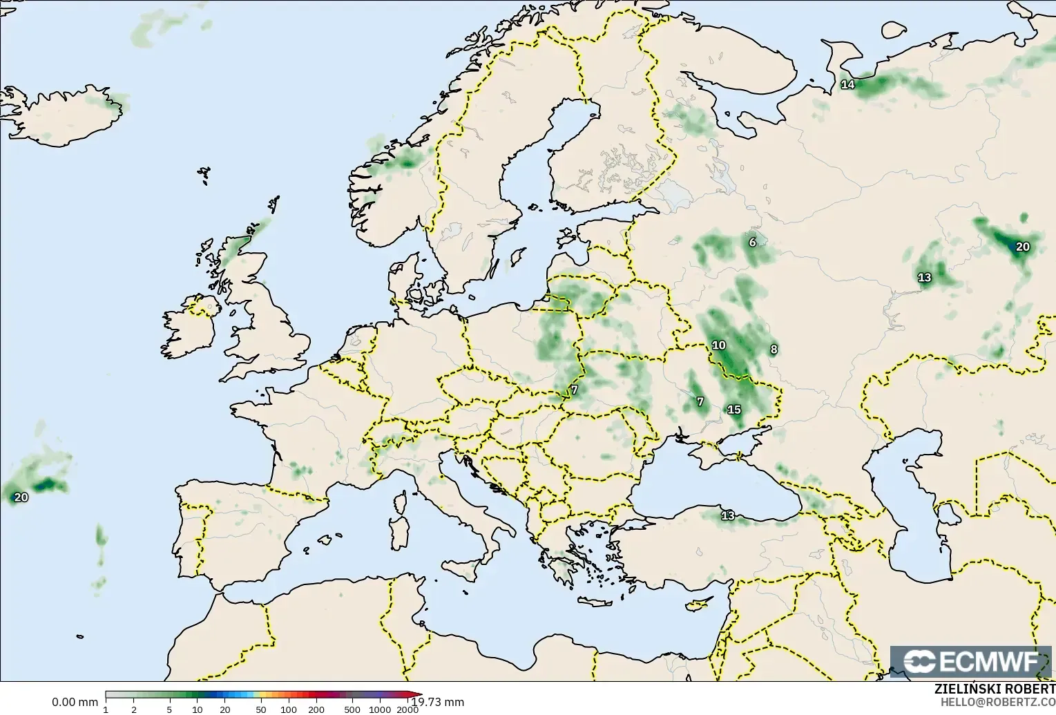 ECMWF IFS 0.25° modelo - Europa, Acumulación de precipitación