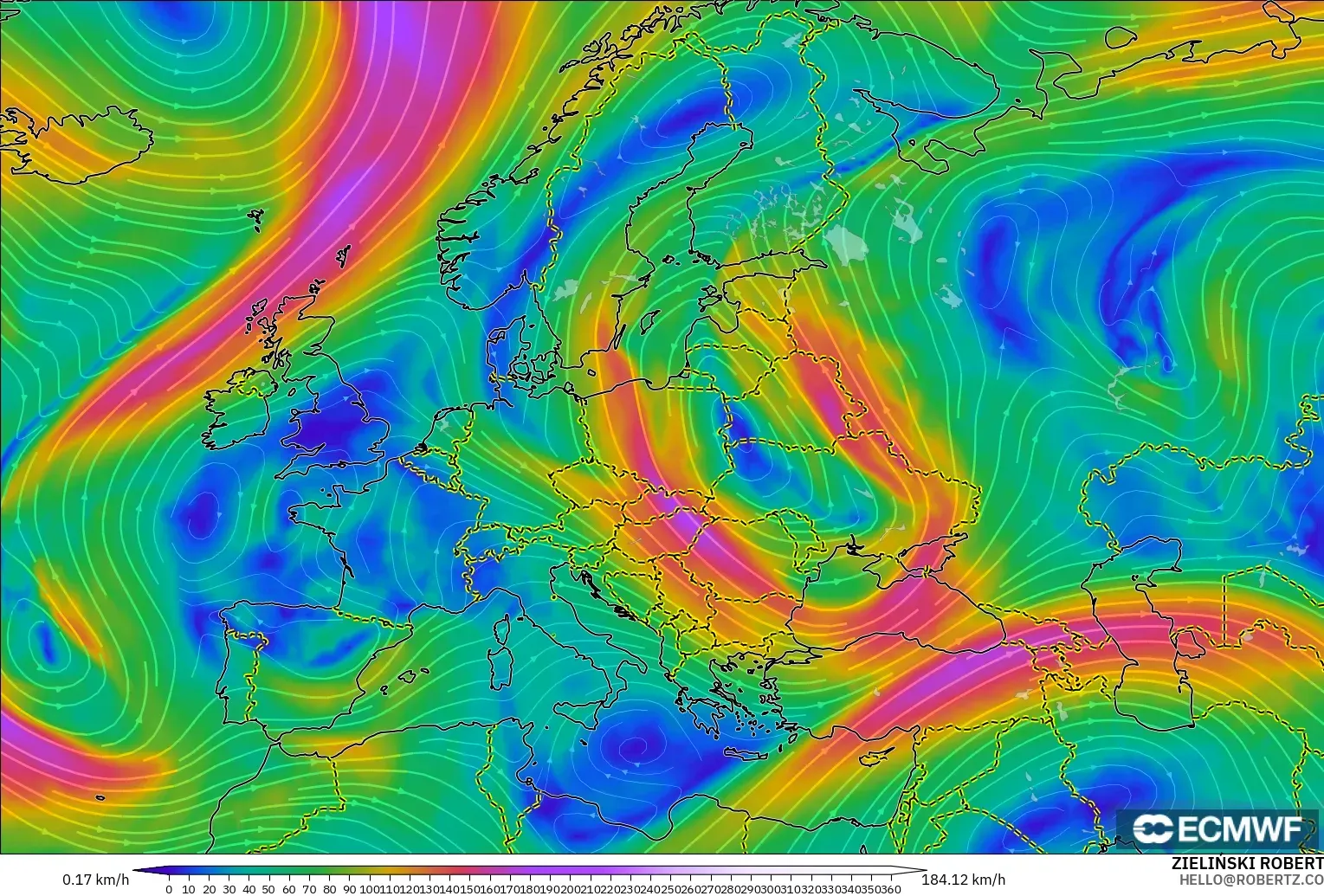 ECMWF IFS 0.25° modelo - Europa, Viento a 300 hPa (corriente en chorro)