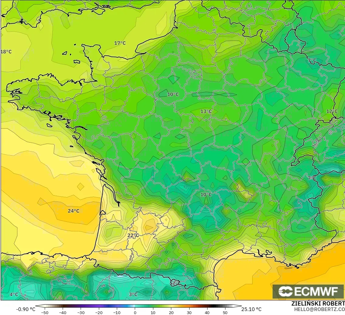 ECMWF IFS 0.25° modelo - Francia, Punto de rocío a 2 m