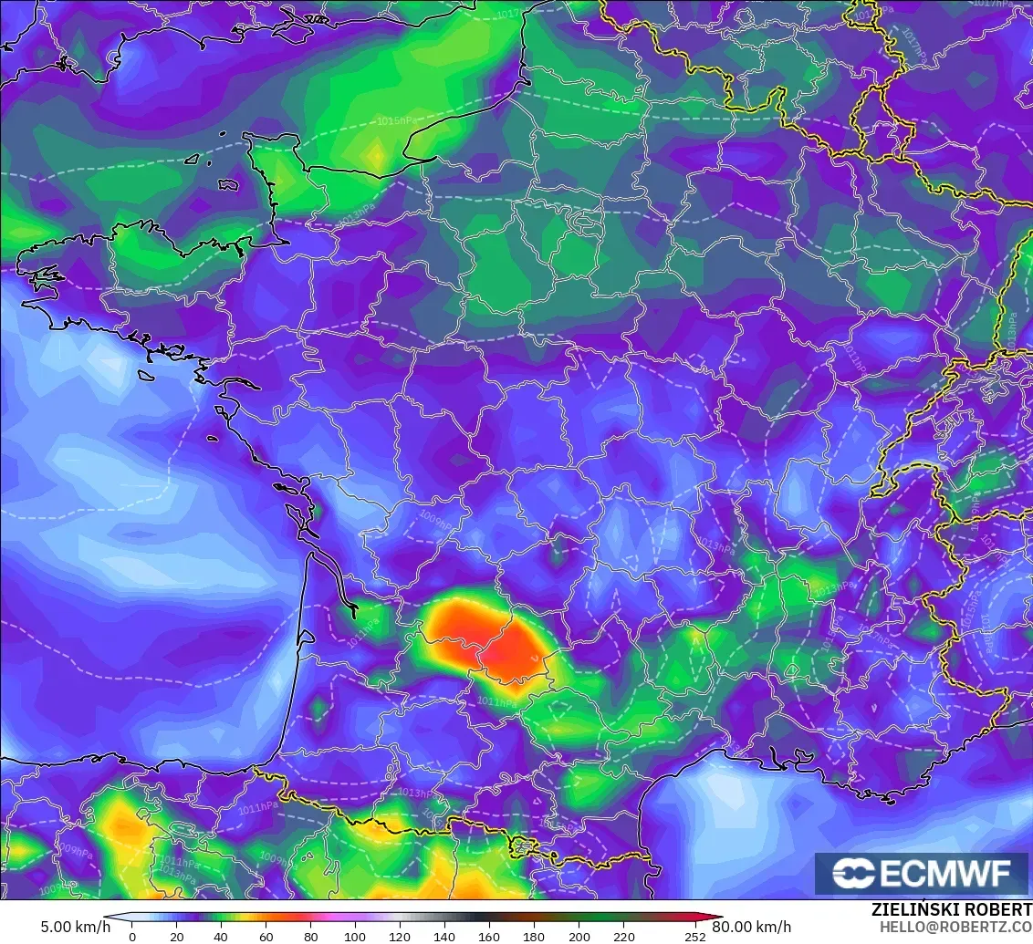 ECMWF IFS 0.25° modelo - Francia, Ráfagas de Viento Máximas