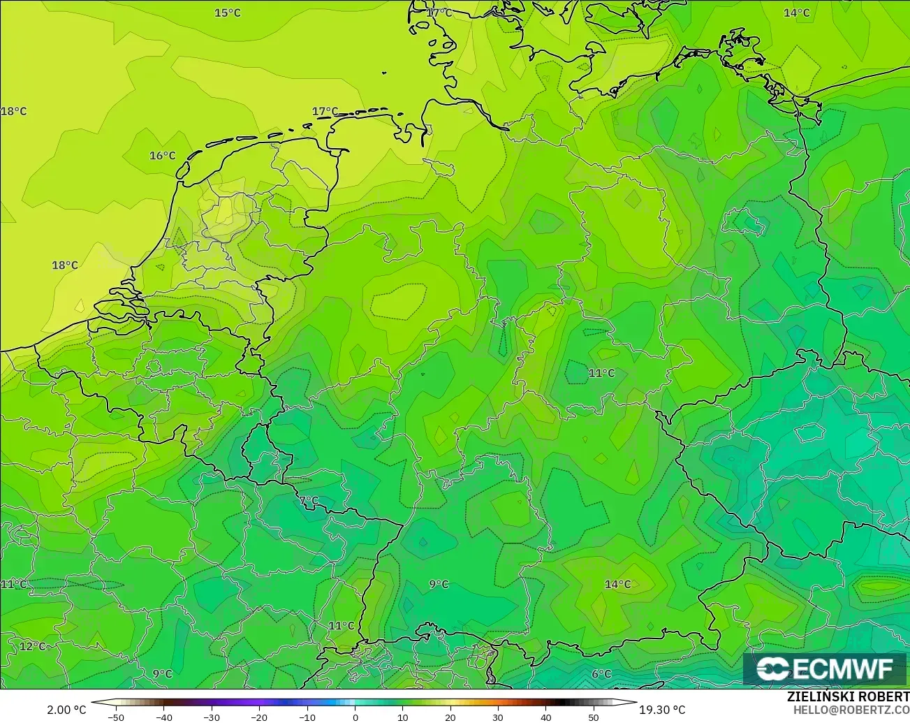 ECMWF IFS 0.25° modelo - Alemania, Punto de rocío a 2 m