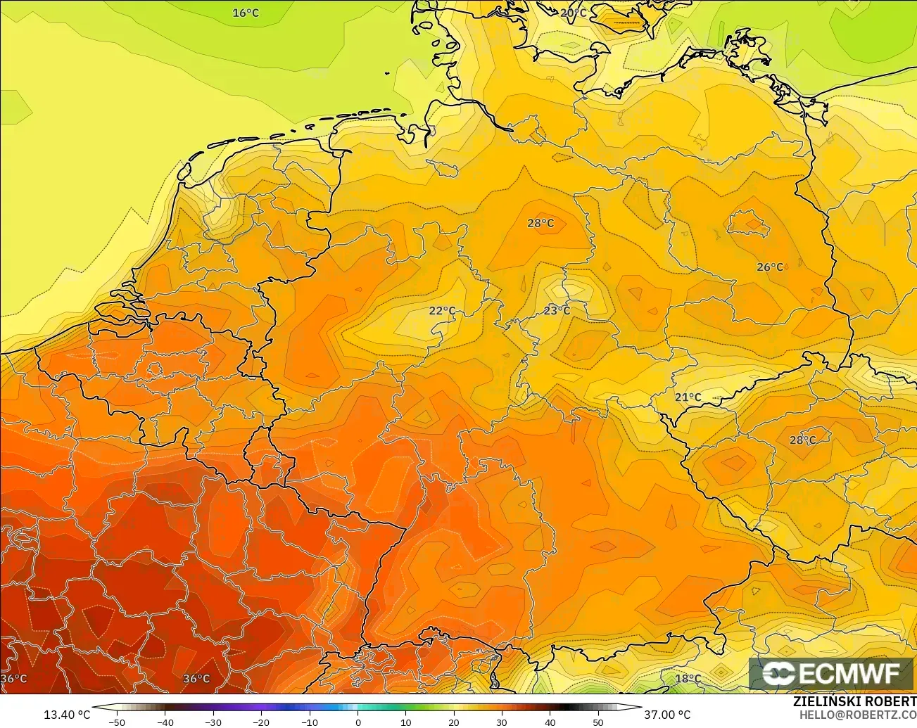 ECMWF IFS 0.25° modelo - Alemania, Temperatura a 2 m