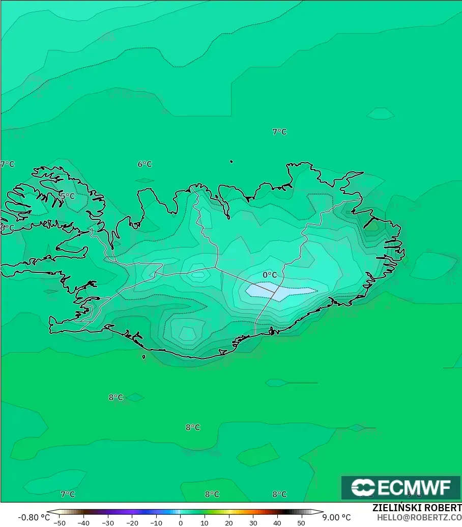 ECMWF IFS 0.25° modelo - Islandia, Punto de rocío a 2 m