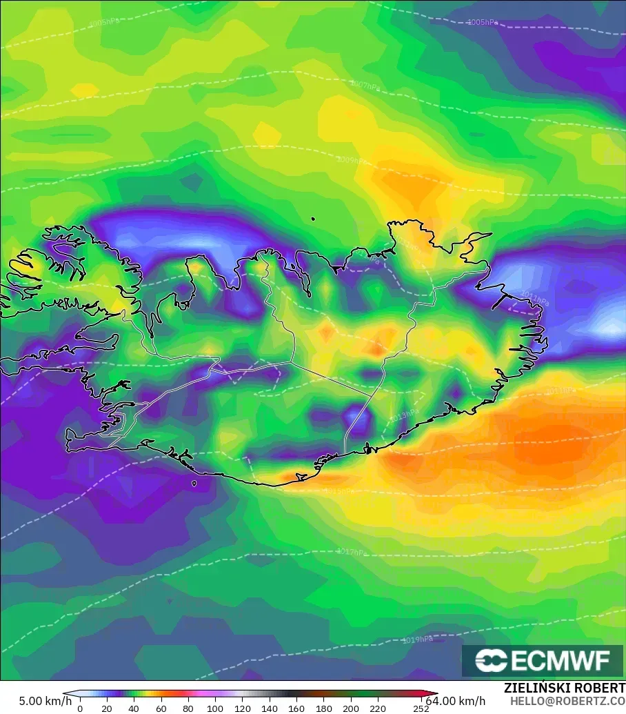ECMWF IFS 0.25° modelo - Islandia, Ráfagas de viento