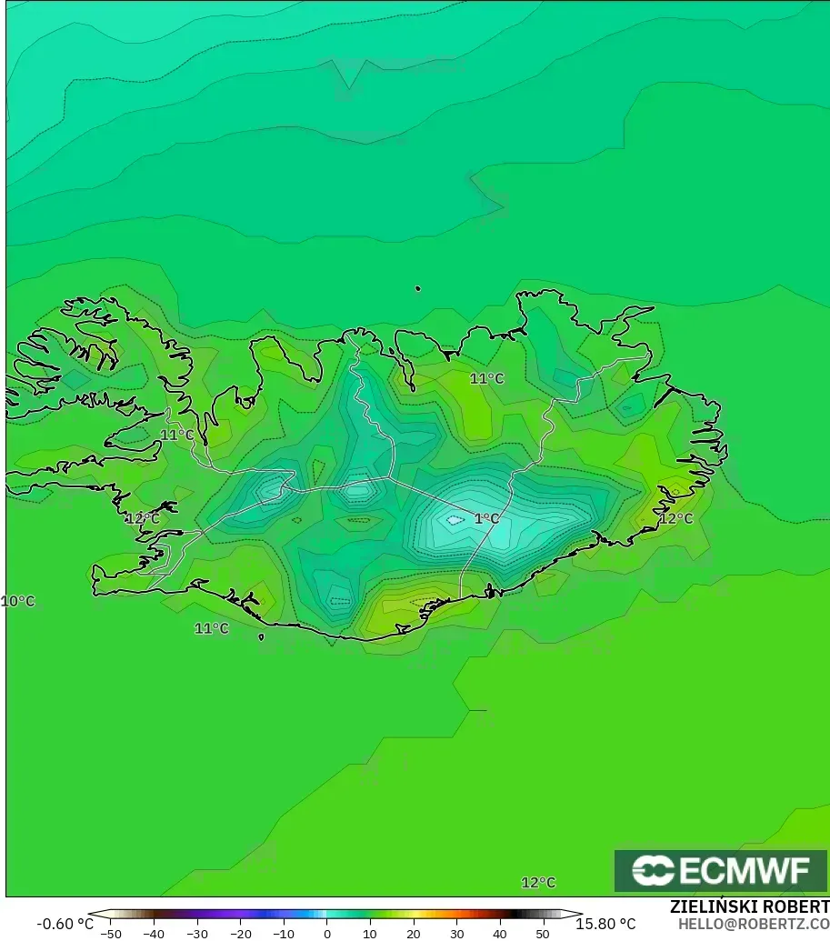 ECMWF IFS 0.25° modelo - Islandia, Temperatura a 2 m