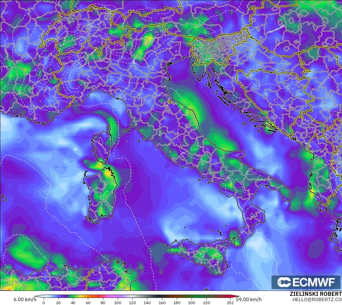 ECMWF IFS 0.25° modelo - Italia, Ráfagas de viento